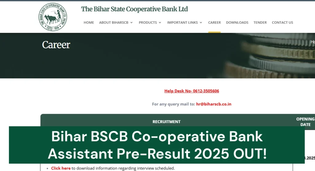 Bihar BSCB Co operative Bank Assistant Pre Result 2025