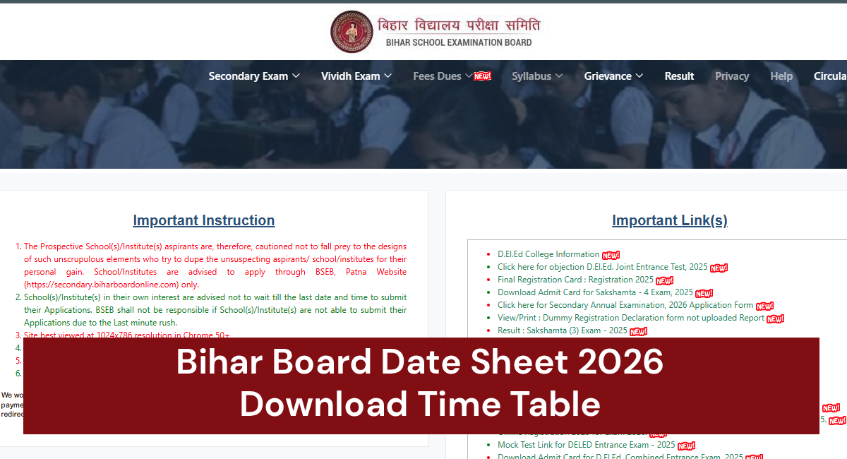 Bihar Board Date Sheet 2026